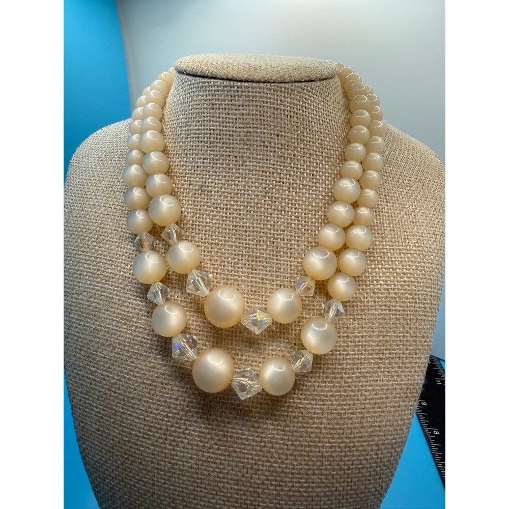 Vintage Double Strand Moonstone Necklace Cream AB Crystal 16 Inch Mid Century